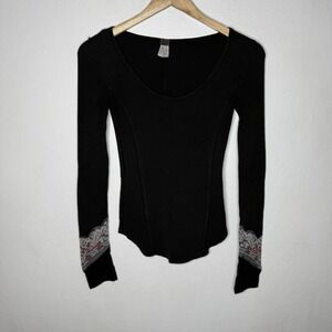 We The Free People Gray Bandana Cuff Long Sleeve Shirt Y2K Boho Women's XS